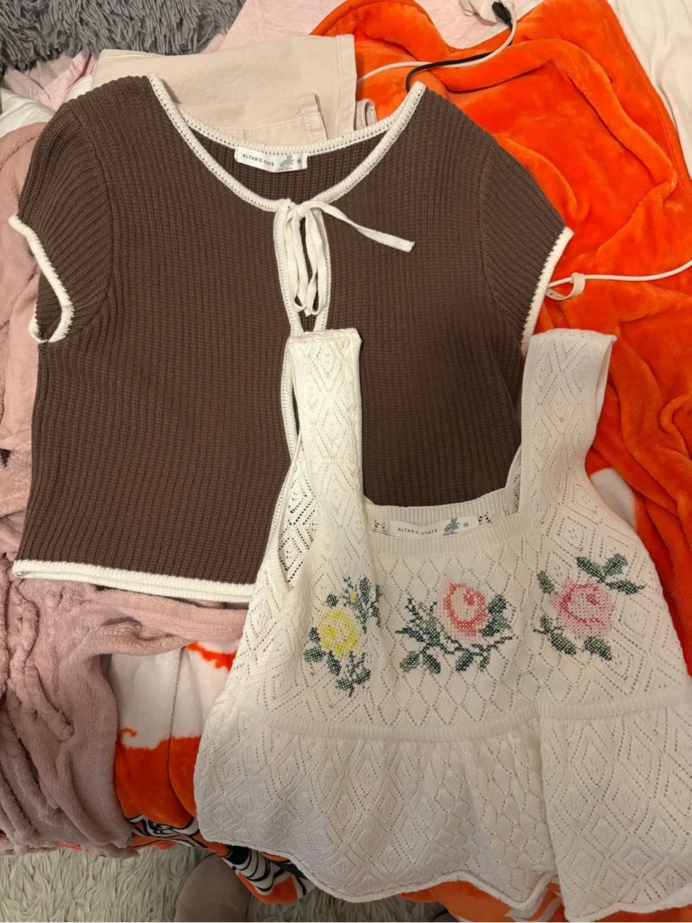 Altar'd State Brown Ribbed Tie-Front Cardigan with Flower Tank